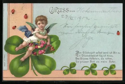 AK Engel mit Rosen und anderen Blumen sitzt auf einem grossen Kleeblatt, Marienkäfer und Kleeblätter