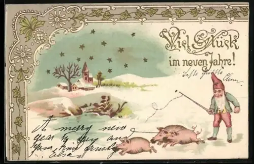 AK Zwerg und Glücksschweine in Schneelandschaft