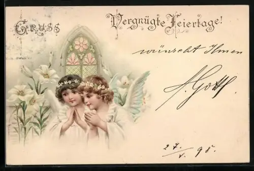 AK Engel falten betend die Hände, Vergnügte Feiertage!