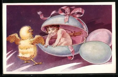 Künstler-AK Amor erschreckt ein Osterküken
