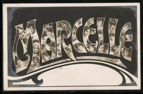 AK Fotos einer jungen Dame in den Buchstaben des Namens Marcelle
