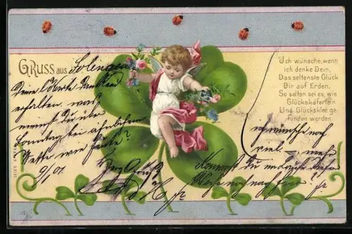 AK Engel mit Marienkäfer und Kleeblätter