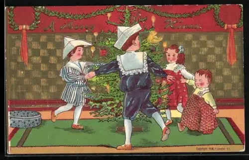 Künstler-AK Kinder tanzen um einen Weihnachtsbaum