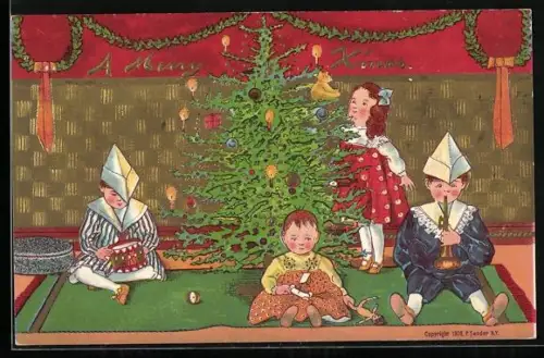AK Kinder mit Geschenken und Weihnachtsbaum