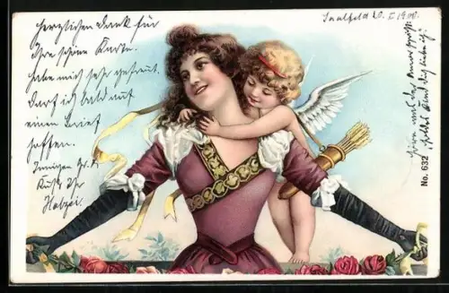 Lithographie Schöne Frau wird von Amor umarmt