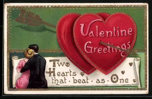 AK Liebespaar umarmt sich, zwei Herzen mit Pfeil, Valentinstag