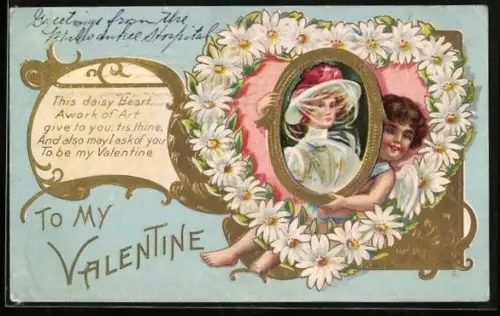 AK Engel mit Blumenherz zum Valentinstag