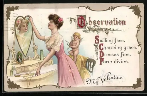 AK Amor und hübsche Dame am Valentinstag