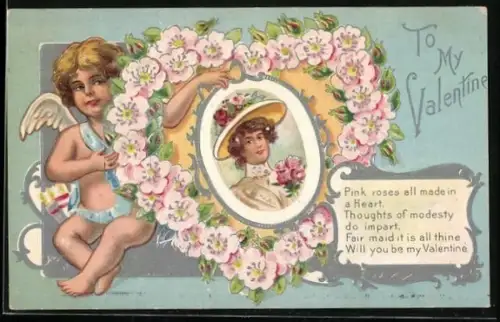 AK Amor und Blumenherz zum Valentinstag