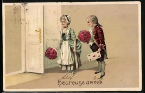 AK Zwei Kinder in Rococo Kleidung bringen Blumen zum Neujahr