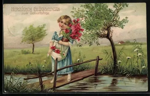 AK Mädchen mit Blumen zum Geburtstag