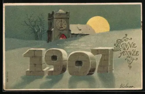 AK Jahreszahl und Turmuhr im Winter, Neujahrsgruss 1907