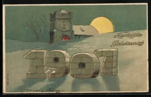 AK Jahreszahl und Turmuhr im Winter, Neujahrsgruss 1907