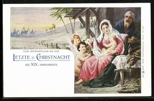 Künstler-AK Betléem, Maria, Josef und das Jesuskind in der Scheune mit Engeln Weihnachten 1899