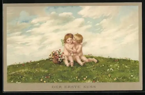 AK Zwei Engel auf der Wiese, Der erste Kuss