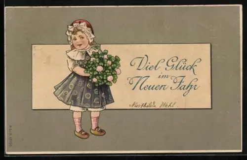 AK Mädchen mit Blumen zu Neujahr