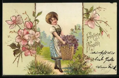 Lithographie Fröhliche Pfingsten, Mädchen bringt Korb mit frischen Blüten