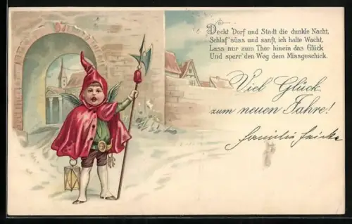 Lithographie Niedlicher Neujahrsengel als Nachtwächter im Ort