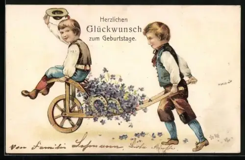 AK Knaben mit Schubkarre zum Geburtstag