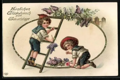 Lithographie Fröhliche Pfingsten, Jungen schmücken einen Zaun