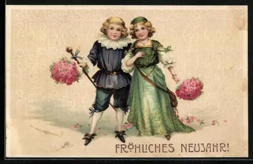 AK Kinder mit Blumen zu Neujahr
