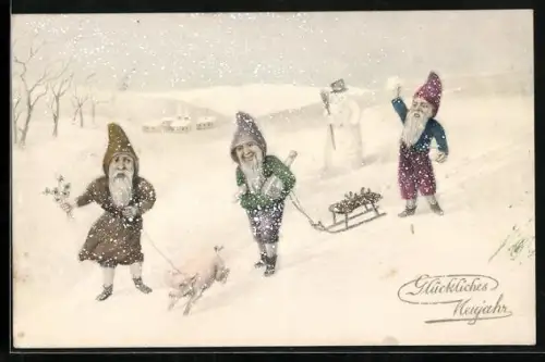 AK Zwerge mit Schwein und Schlitten