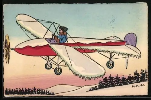 Künstler-AK Flugzeug im Winter