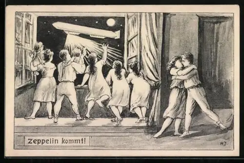 Künstler-AK Kinder winken einem Zeppelin