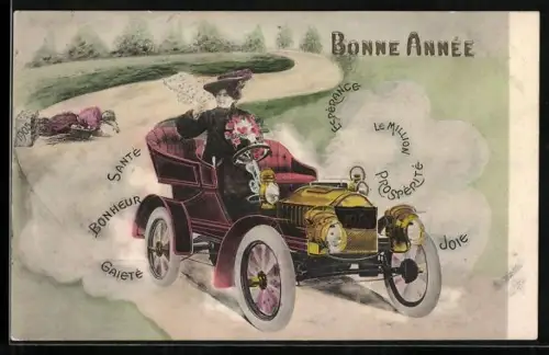 AK Dame braust in rasender Fahrt mit dem Auto 1906 die Strasse entlang und lässt die Wegmarke 1905 hinter sich