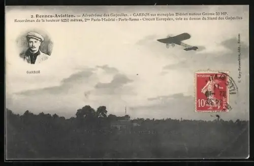 AK Flugzeug Monoplan Blériot, Pilot Garros