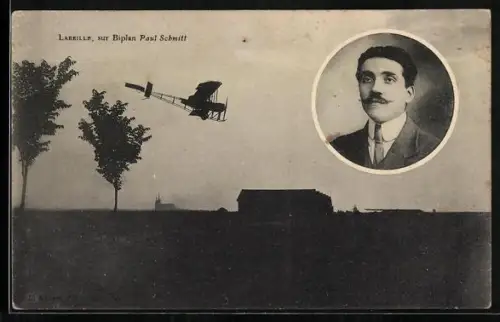 AK Flugzeug Biplan Paul Schmitt, Pilot Labeille