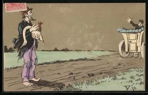 Künstler-AK Auto hat eine Gans überfahren