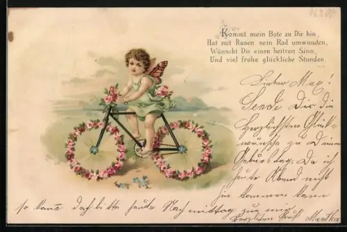Künstler-AK Kleine Fee fährt auf einem Fahrrad mit Blumen-Reifen