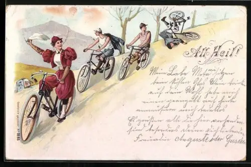 Lithographie Winkende Dame auf einem Fahrrad