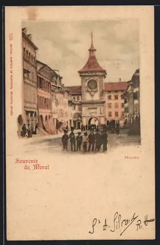 AK Murten, Platz mit Torturm und Kindergruppe