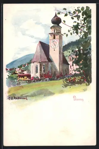 Künstler-AK Davos, Kirche mit Ortsblick