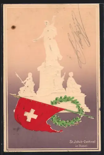 AK Basel, St. Jakob-Denkmal und Schweizer Flagge
