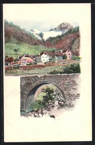 Künstler-AK Veytaux, Alte Brücke, Ortsansicht