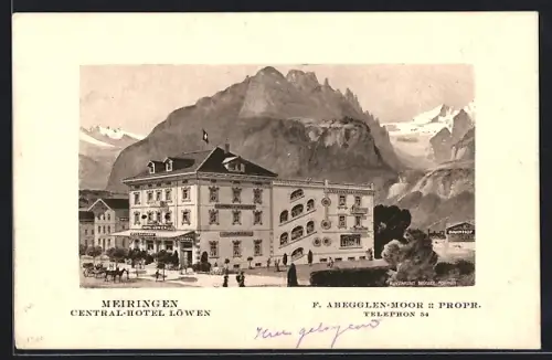AK Meiringen, Central-Hotel Löwen F. Abegglen-Moor mit Bergspitzen-Panorama