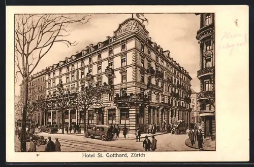 Künstler-AK Zürich, Hotel St. Gotthard mit Strassenecke