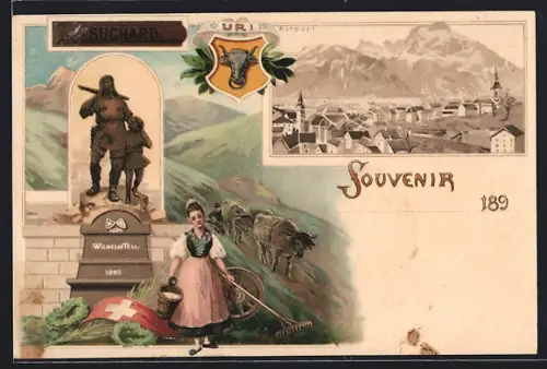 Lithographie Altdorf, Wilhelm Tell-Denkmal, Ortsansicht, Almbäuerin, Wappen Uri, Reklame Suchard
