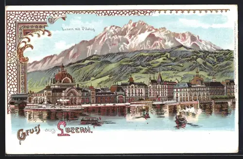 Lithographie Luzern, Ortspanorama mit Pilatus, mit goldenen Fenstern, Ornament-Rahmen