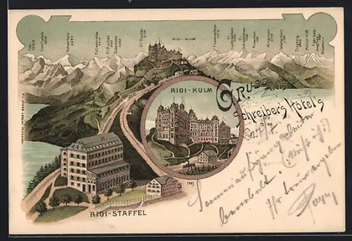 Lithographie Rigi-Kulm, Schreibers Hotels auf Rigi-Kulm u. Rigi-Staffel, Kulm mit Bergpanorama
