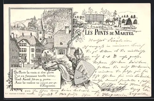 Lithographie Les Ponts de Martel, Ortspartie mit Kirche, Ritter mit Axt, Bauer mit Wagen