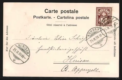 Lithographie Les Ponts de Martel, Ortspartie mit Kirche, Ritter mit Axt, Bauer mit Wagen