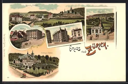 Lithographie Zürich, Dolder, Gaststätte Waldhaus Dolder, Römerhof, Dolderbahn, Ortspanorama