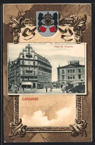 Lithographie Lausanne, Place St. Francois mit Hotel du Grand Pont, Wappen, Ornament-Rahmen
