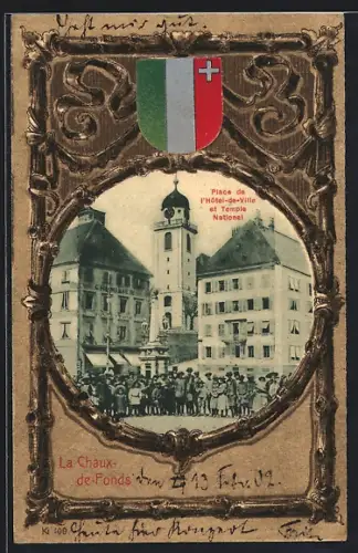 Lithographie La Chaux-de-Fonds, Rathausplatz mit Temple National, Wappen, Ornament-Rahmen