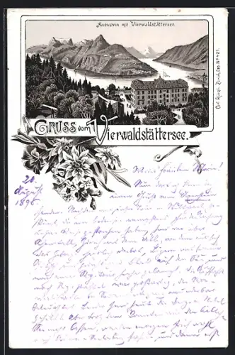 Lithographie Axenstein /Vierwaldstättersee, Axenstein mit Vierwaldstättersee und Hotel, Blumenstrauss