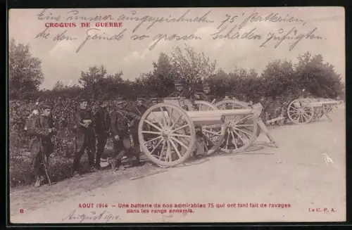 AK Aout 1914, Une batterie de nos 75 qui ont tant de ravages dans les rangs ennemis, Croquis de Guerre